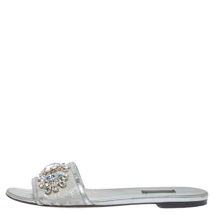 Pre Owned Dolce & Gabbana Silver Brocade Fabric Crystal Embellished Flat Slides Size 38