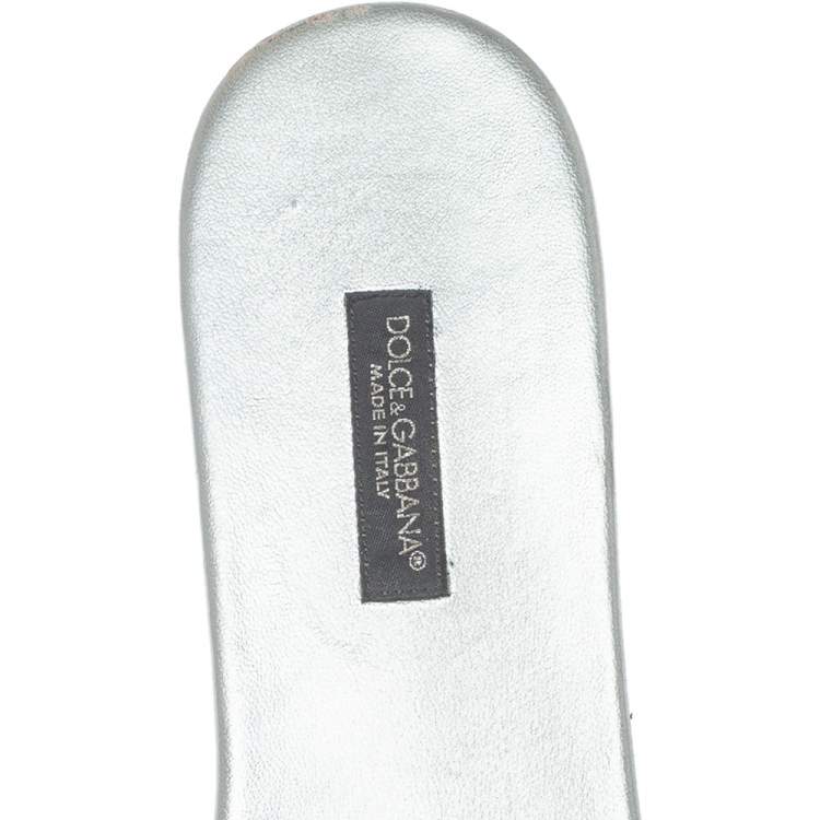 Pre Owned Dolce & Gabbana Silver Brocade Fabric Crystal Embellished Flat Slides Size 38