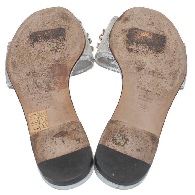 Pre Owned Dolce & Gabbana Silver Brocade Fabric Crystal Embellished Flat Slides Size 38