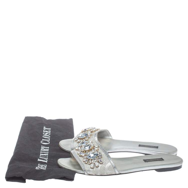 Pre Owned Dolce & Gabbana Silver Brocade Fabric Crystal Embellished Flat Slides Size 38