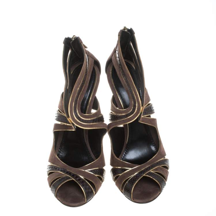 Pre Owned Dolce & Gabbana Brown Suede and Python Leather Sandals Size 39