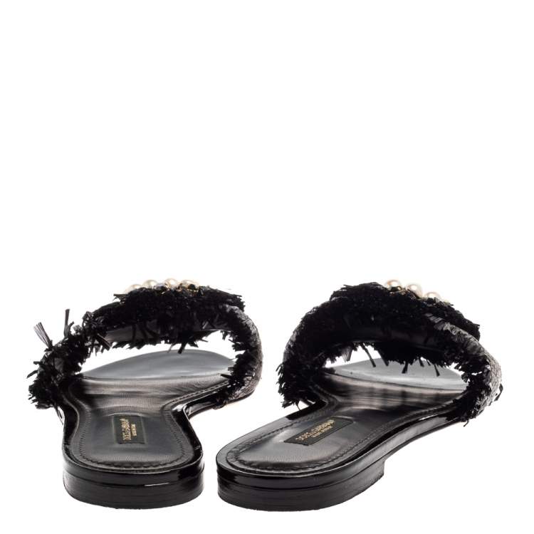 Pre Owned Dolce & Gabbana Black/Grey Raffia Crystal Embellished Flats Size 37