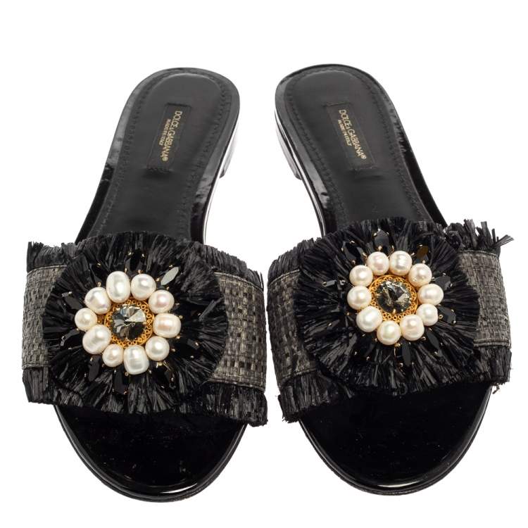 Pre Owned Dolce & Gabbana Black/Grey Raffia Crystal Embellished Flats Size 37