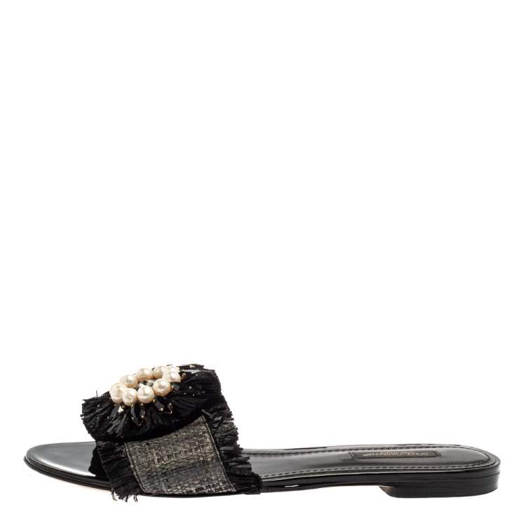 Pre Owned Dolce & Gabbana Black/Grey Raffia Crystal Embellished Flats Size 37