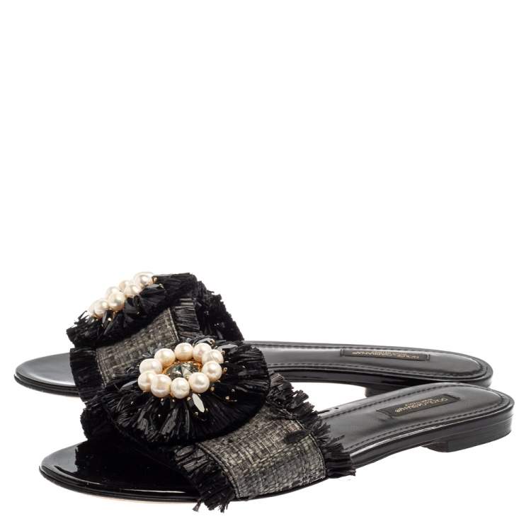 Pre Owned Dolce & Gabbana Black/Grey Raffia Crystal Embellished Flats Size 37