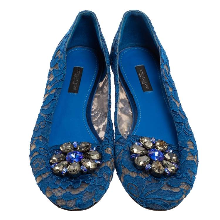 Pre Owned Dolce & Gabbana Blue Lace Crystal Embellished Taormina Ballet Flats Size 38.5