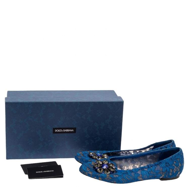 Pre Owned Dolce & Gabbana Blue Lace Crystal Embellished Taormina Ballet Flats Size 38.5