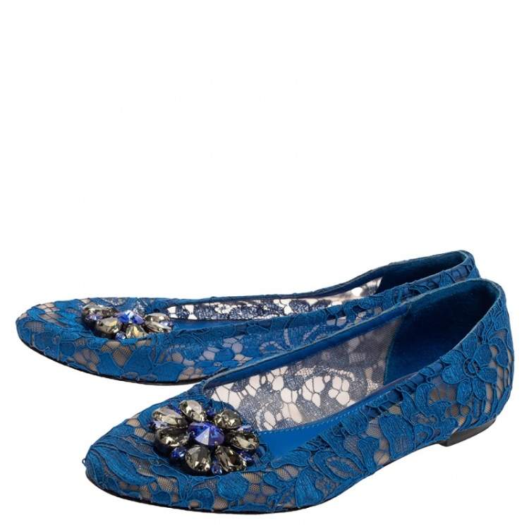 Pre Owned Dolce & Gabbana Blue Lace Crystal Embellished Taormina Ballet Flats Size 38.5