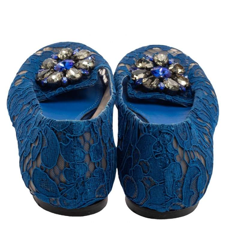 Pre Owned Dolce & Gabbana Blue Lace Crystal Embellished Taormina Ballet Flats Size 38.5