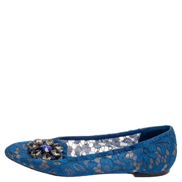Pre Owned Dolce & Gabbana Blue Lace Crystal Embellished Taormina Ballet Flats Size 38.5
