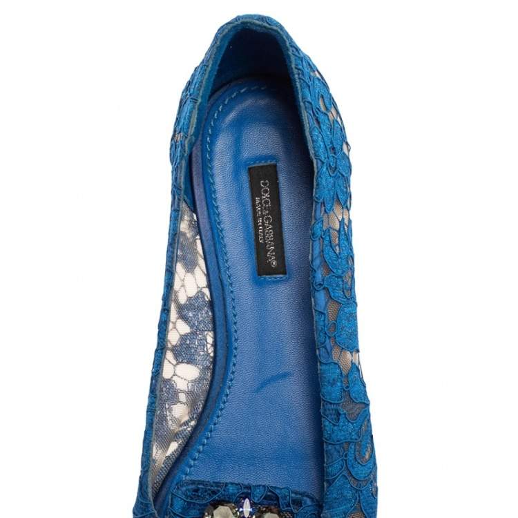 Pre Owned Dolce & Gabbana Blue Lace Crystal Embellished Taormina Ballet Flats Size 38.5