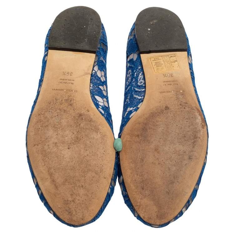 Pre Owned Dolce & Gabbana Blue Lace Crystal Embellished Taormina Ballet Flats Size 38.5