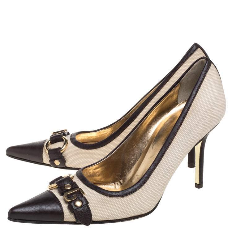 Pre Owned Dolce & Gabbana Vintage Beige/Brown Canvas And Leather Logo Embellished Cap Toe Pumps Size 38