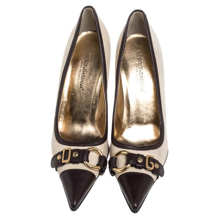 Pre Owned Dolce & Gabbana Vintage Beige/Brown Canvas And Leather Logo Embellished Cap Toe Pumps Size 38