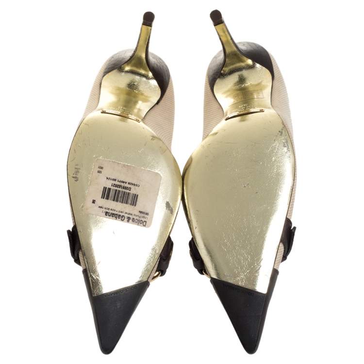 Pre Owned Dolce & Gabbana Vintage Beige/Brown Canvas And Leather Logo Embellished Cap Toe Pumps Size 38