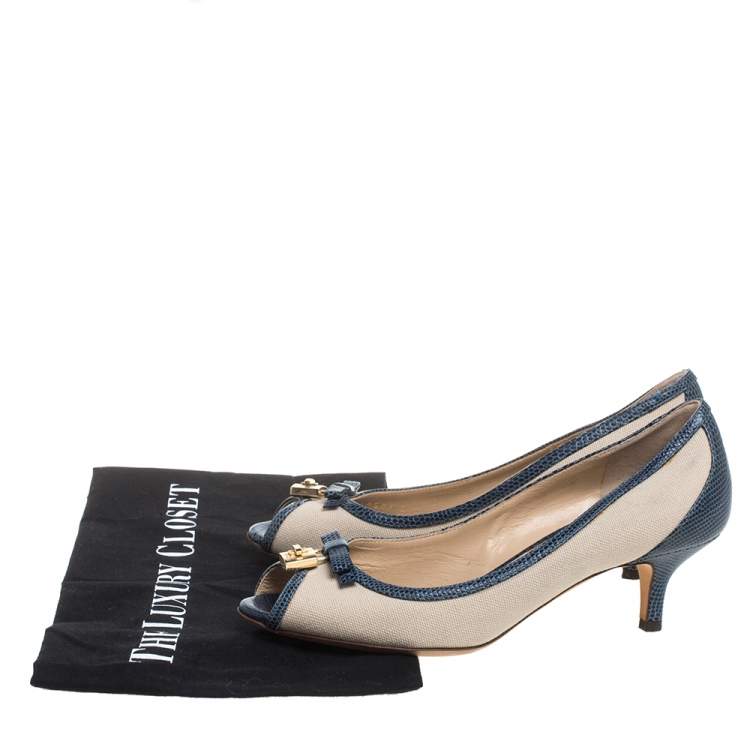 Pre Owned Dolce & Gabbana Beige /Blue Canvas And Lizard Embossed Leather Pumps Size 36