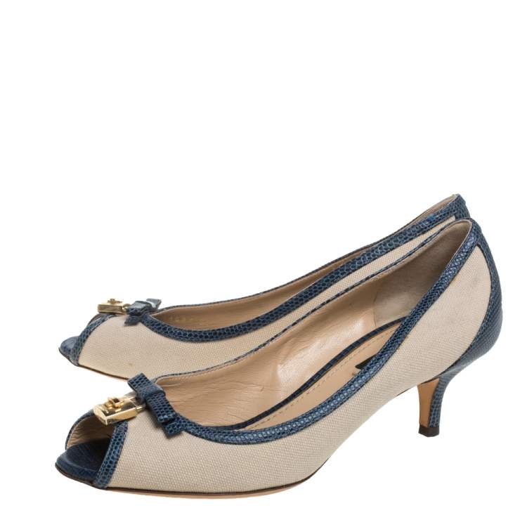 Pre Owned Dolce & Gabbana Beige /Blue Canvas And Lizard Embossed Leather Pumps Size 36