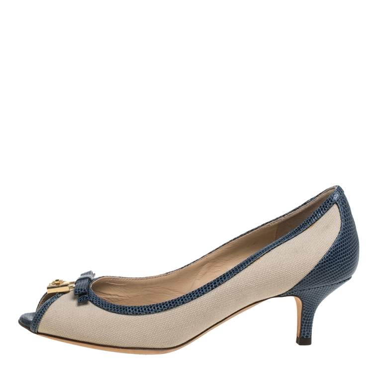 Pre Owned Dolce & Gabbana Beige /Blue Canvas And Lizard Embossed Leather Pumps Size 36