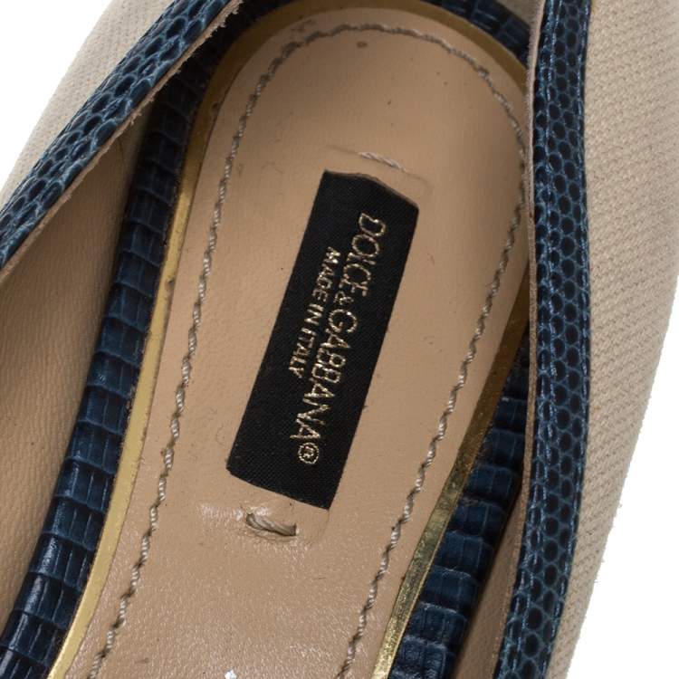 Pre Owned Dolce & Gabbana Beige /Blue Canvas And Lizard Embossed Leather Pumps Size 36