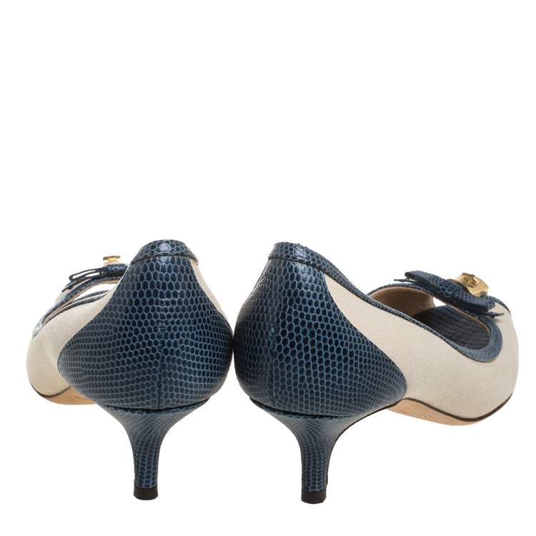 Pre Owned Dolce & Gabbana Beige /Blue Canvas And Lizard Embossed Leather Pumps Size 36