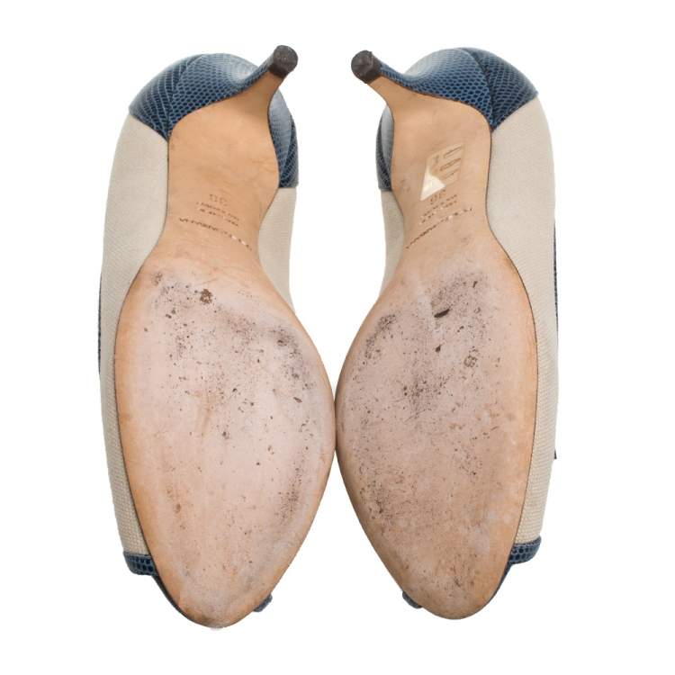Pre Owned Dolce & Gabbana Beige /Blue Canvas And Lizard Embossed Leather Pumps Size 36