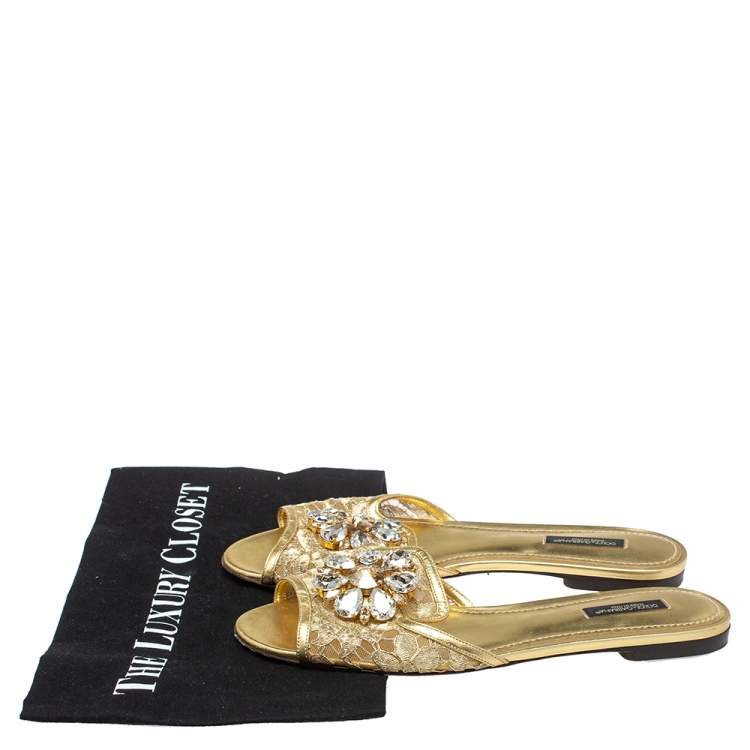 Pre Owned Dolce and Gabbana Gold Lace And Leather Crystal Embellished Bianca Flat Slides Size 38.5