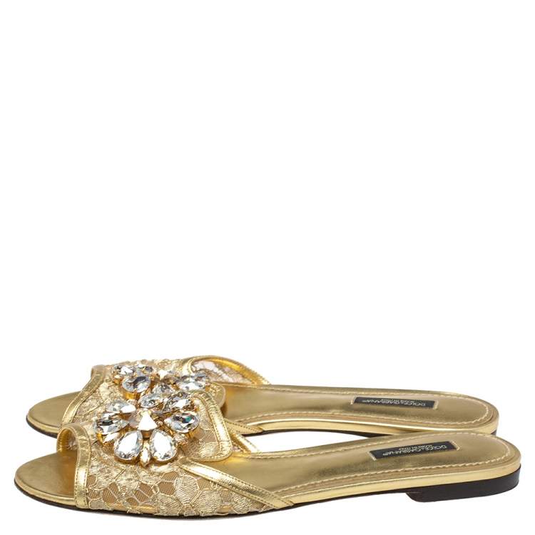 Pre Owned Dolce and Gabbana Gold Lace And Leather Crystal Embellished Bianca Flat Slides Size 38.5