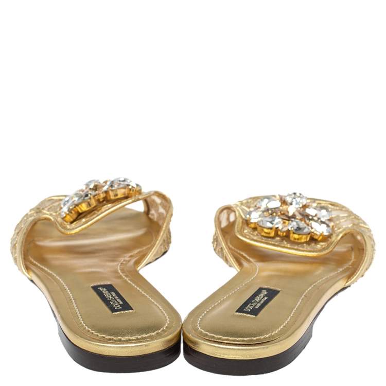 Pre Owned Dolce and Gabbana Gold Lace And Leather Crystal Embellished Bianca Flat Slides Size 38.5