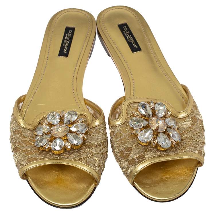 Pre Owned Dolce and Gabbana Gold Lace And Leather Crystal Embellished Bianca Flat Slides Size 38.5