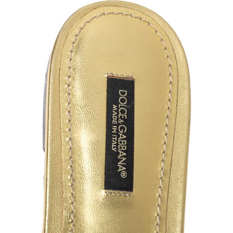 Pre Owned Dolce and Gabbana Gold Lace And Leather Crystal Embellished Bianca Flat Slides Size 38.5