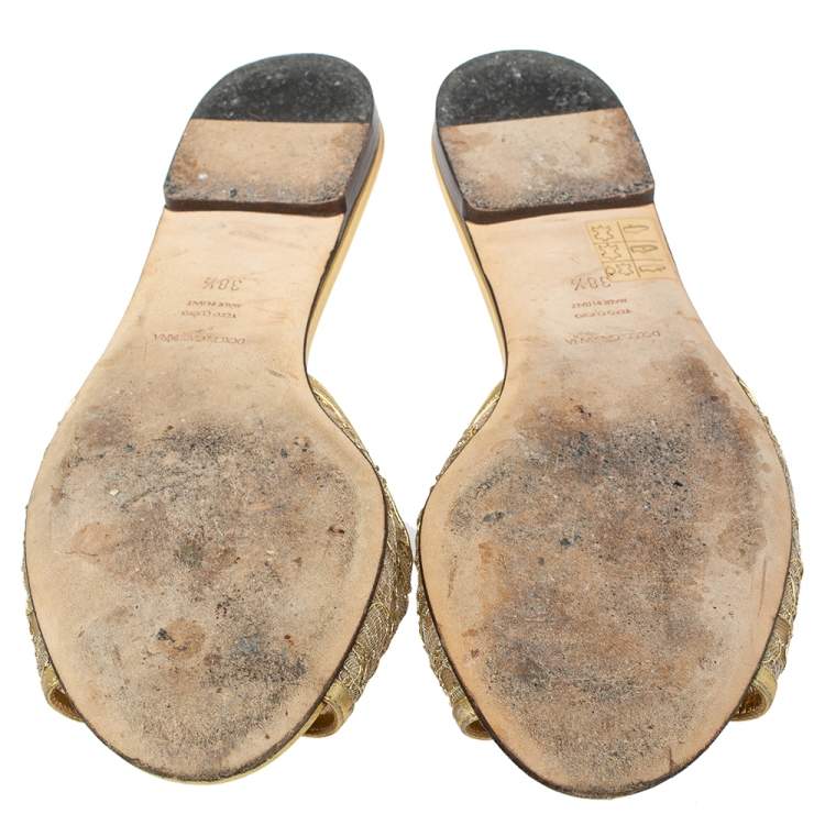 Pre Owned Dolce and Gabbana Gold Lace And Leather Crystal Embellished Bianca Flat Slides Size 38.5