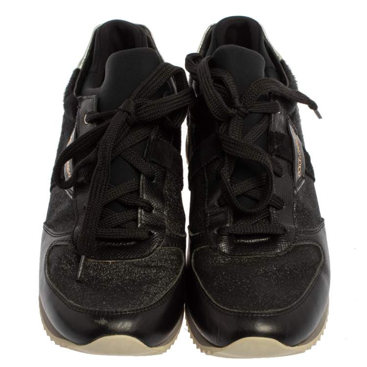 Pre Owned Dolce & Gabbana Black Leather And Glitter Fabric Lace Up Low Top Sneakers Size 39