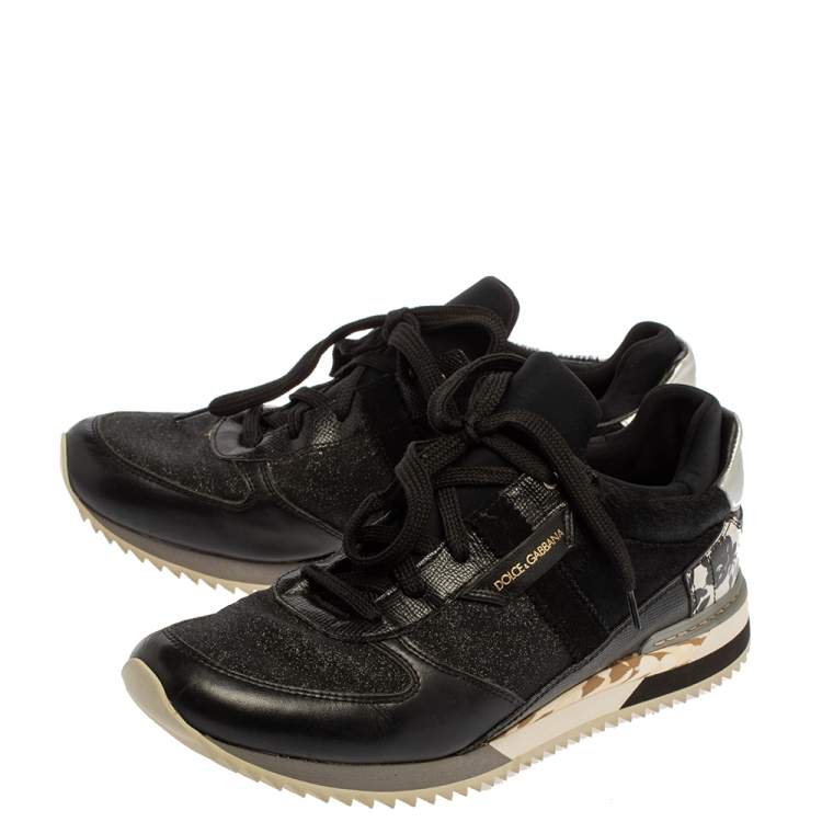 Pre Owned Dolce & Gabbana Black Leather And Glitter Fabric Lace Up Low Top Sneakers Size 39