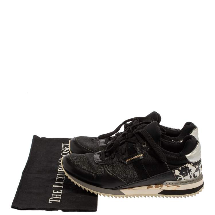 Pre Owned Dolce & Gabbana Black Leather And Glitter Fabric Lace Up Low Top Sneakers Size 39