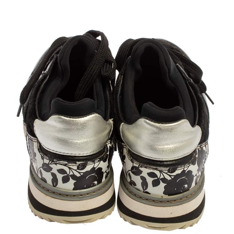 Pre Owned Dolce & Gabbana Black Leather And Glitter Fabric Lace Up Low Top Sneakers Size 39