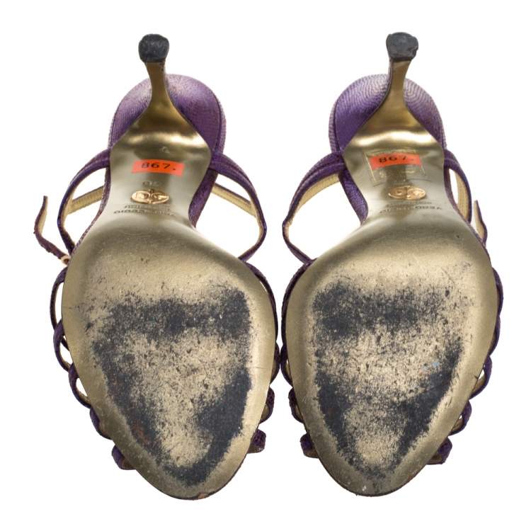 Pre Owned Dolce & Gabbana Purple Lizard Embossed Leather T Strap Sandals Size 36