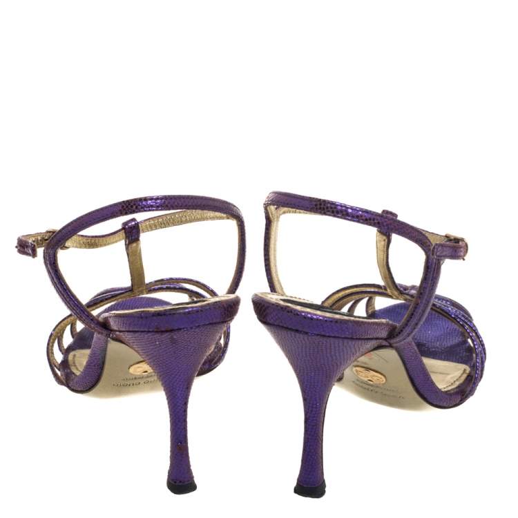 Pre Owned Dolce & Gabbana Purple Lizard Embossed Leather T Strap Sandals Size 36