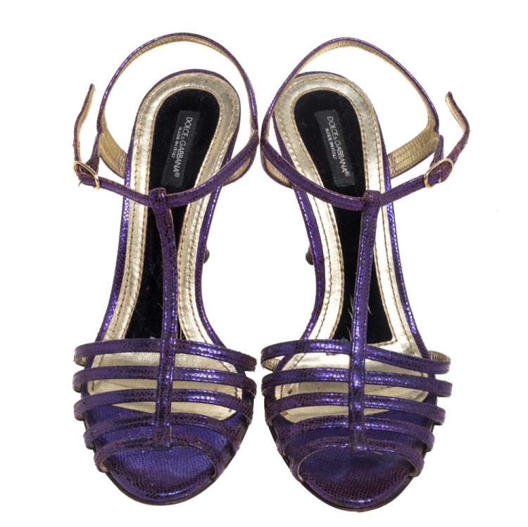 Pre Owned Dolce & Gabbana Purple Lizard Embossed Leather T Strap Sandals Size 36
