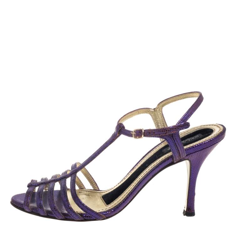 Pre Owned Dolce & Gabbana Purple Lizard Embossed Leather T Strap Sandals Size 36