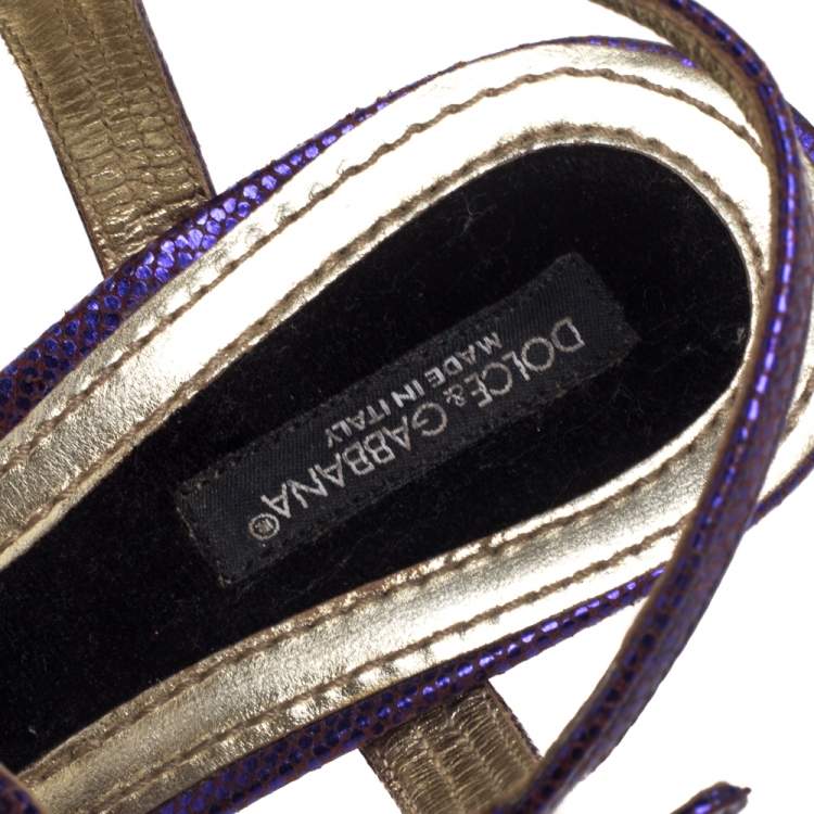Pre Owned Dolce & Gabbana Purple Lizard Embossed Leather T Strap Sandals Size 36