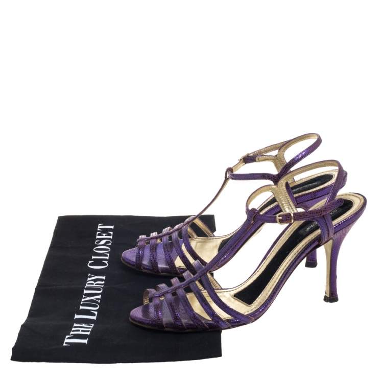 Pre Owned Dolce & Gabbana Purple Lizard Embossed Leather T Strap Sandals Size 36
