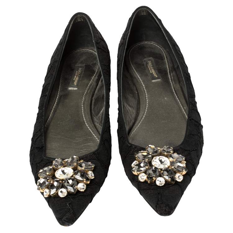 Pre Owned Dolce & Gabbana Black Lace Crystal Embellished Pointed Toe Flats Size 41