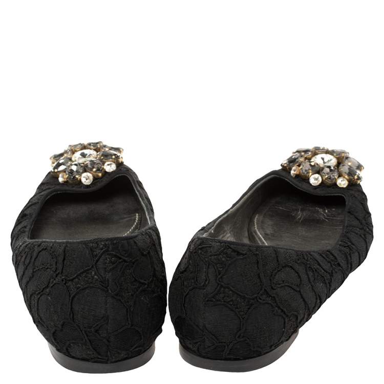 Pre Owned Dolce & Gabbana Black Lace Crystal Embellished Pointed Toe Flats Size 41