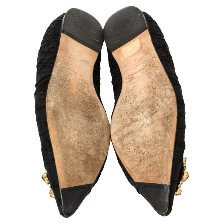 Pre Owned Dolce & Gabbana Black Lace Crystal Embellished Pointed Toe Flats Size 41