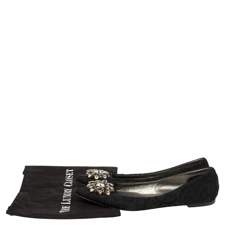 Pre Owned Dolce & Gabbana Black Lace Crystal Embellished Pointed Toe Flats Size 41