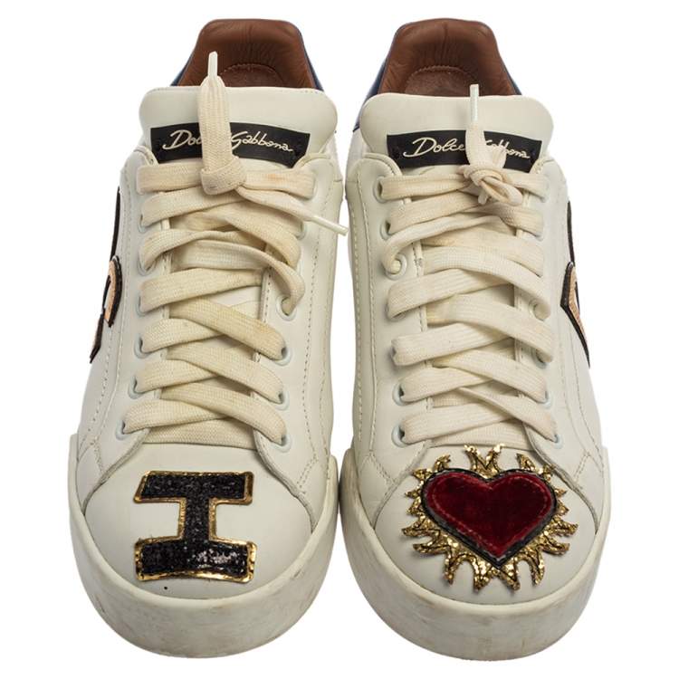 مملوكة مسبقًا Dolce & Gabbana White Leather Portofino Sacred Heart Sneakers Size 37