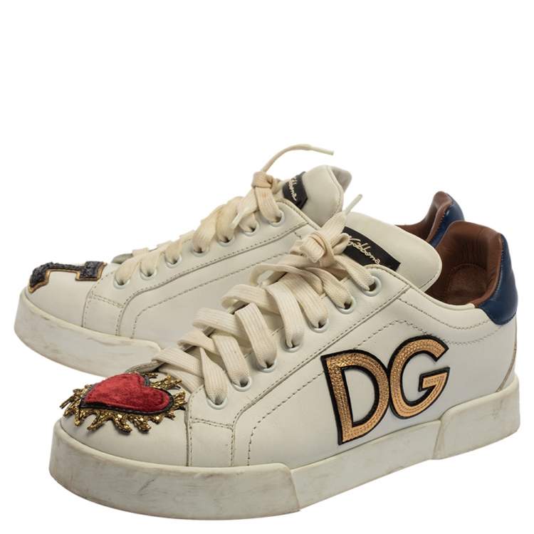 مملوكة مسبقًا Dolce & Gabbana White Leather Portofino Sacred Heart Sneakers Size 37