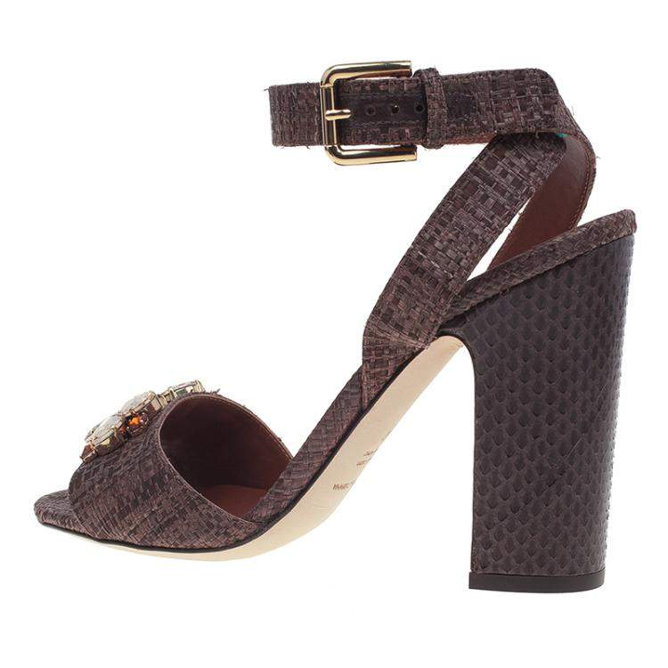 Pre Owned Dolce & Gabbana Beige Jeweled Raffia & Snakeskin Sandals Size 40