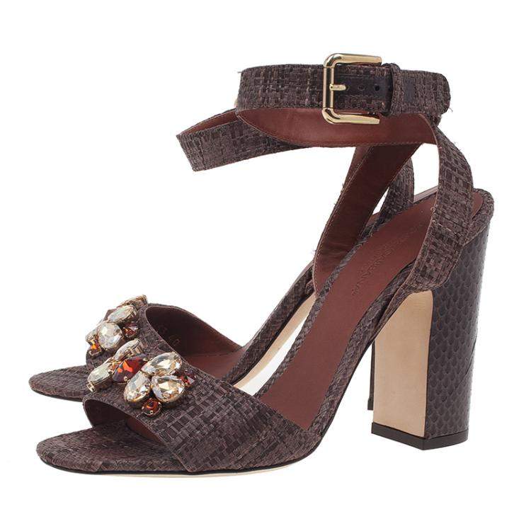 Pre Owned Dolce & Gabbana Beige Jeweled Raffia & Snakeskin Sandals Size 40