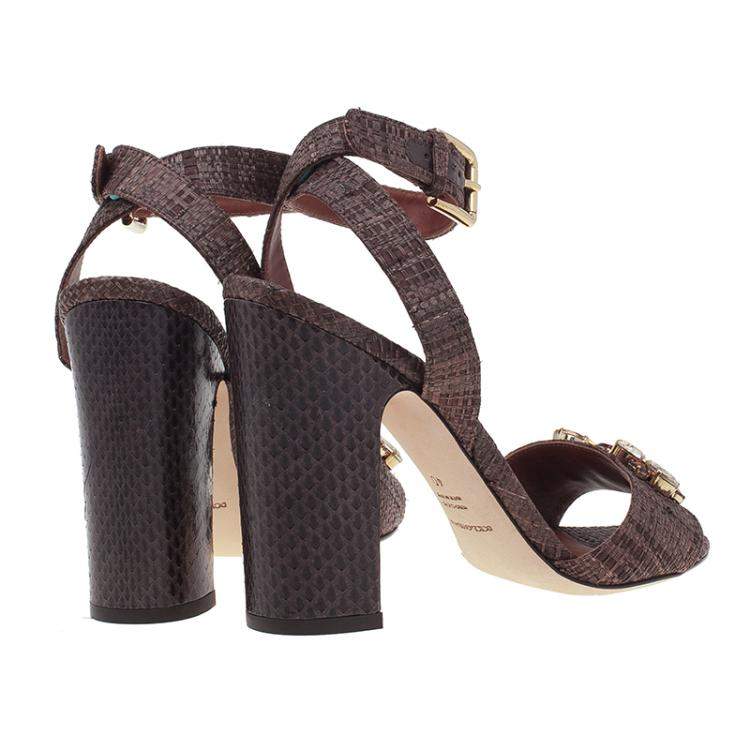 Pre Owned Dolce & Gabbana Beige Jeweled Raffia & Snakeskin Sandals Size 40
